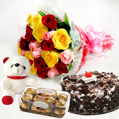 Mix Roses Bunch + Teddy & Cake With Ferrero Rocher